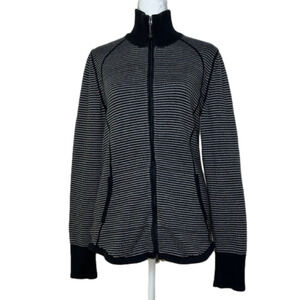 Eddie Bauer Black & Gray Striped Full Zip Mock Neck Knit Sweater - Size Medium